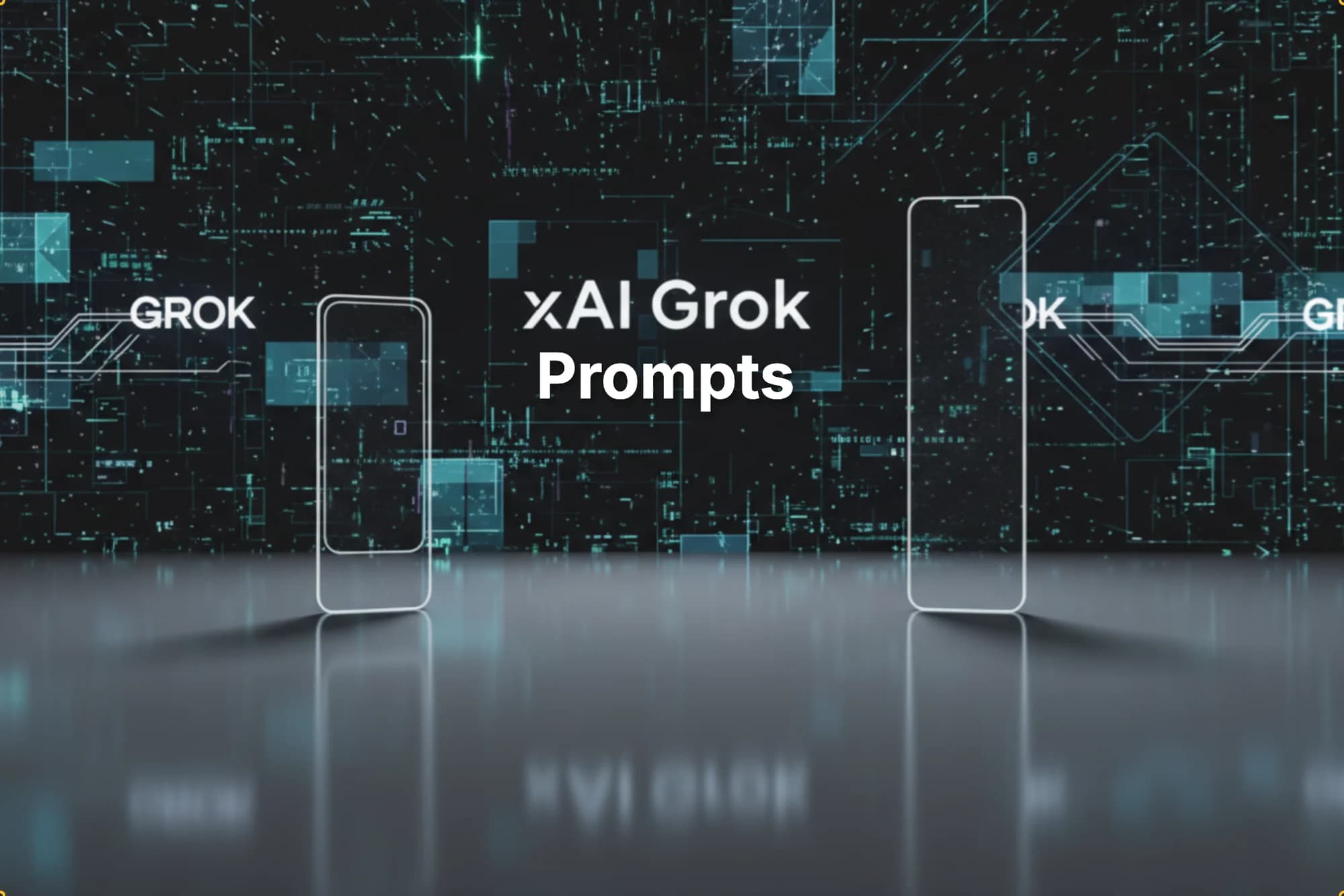 Two smartphone outlines flank the text "xAI Grok Prompts" against a dark, tech-themed background with the word "GROK" repeated.
