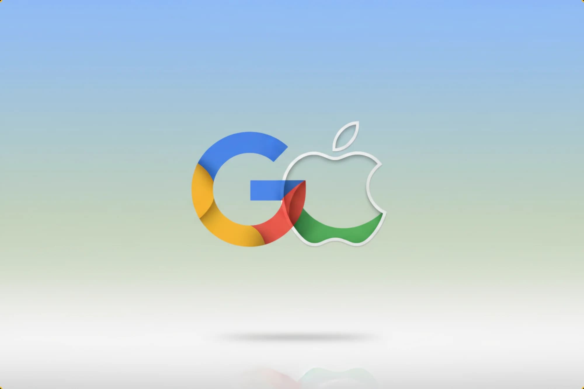 A stylized image combines the Google "G" logo with the outline of an Apple logo, set against a gradient background.